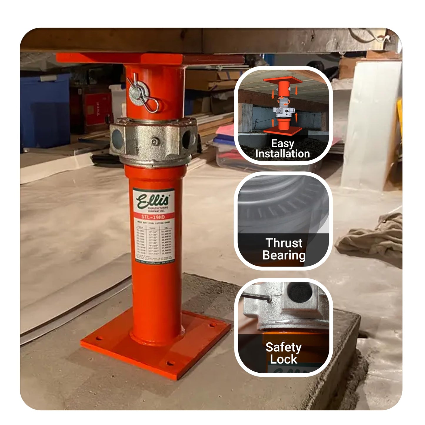 ELLIS Heavy-Duty Adjustable Steel Shore – Structural Support for Floor Leveling, Beams, and Concrete Reinforcement – 48,000 lb Safe Load Capacity – 19"-32" Adjustment