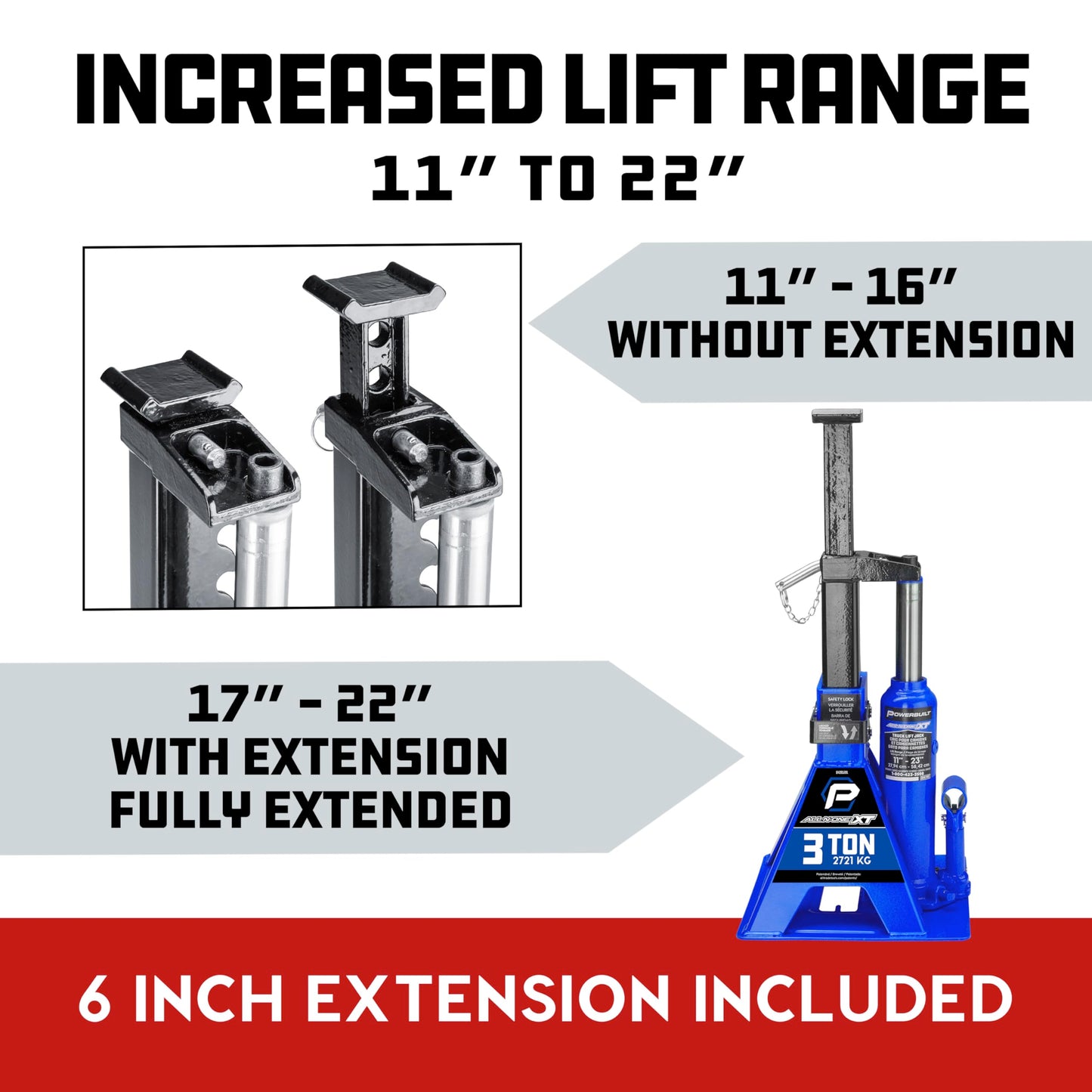 POWERBUILT 3 Ton All-in-One Hydraulic Bottle Jack and Jackstand in One, Compact, Wide Base, 11-21 inch Range, Eliminates Jackstands, for Trucks, SUVs, RVs, Trailers, Not for Sedans (Blue) 640912BL