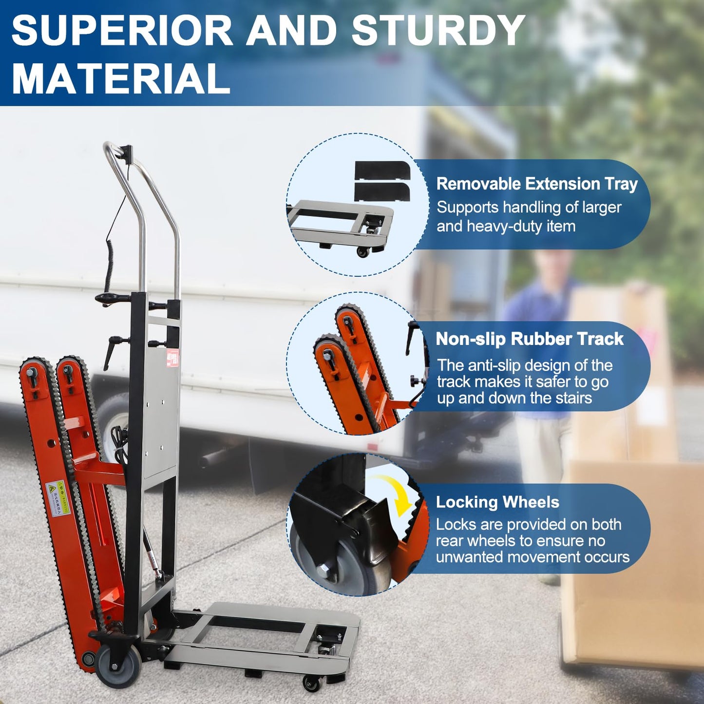 CAMINI 880lb Electric Stair Climbing Hand Trucks Dolly Cart for Moving, 500W-850W Motor Power Heavy Duty Folding Stair Climber Cart Hand Trolley with Solid Wheel (Small Rubber Tracks-Orange)