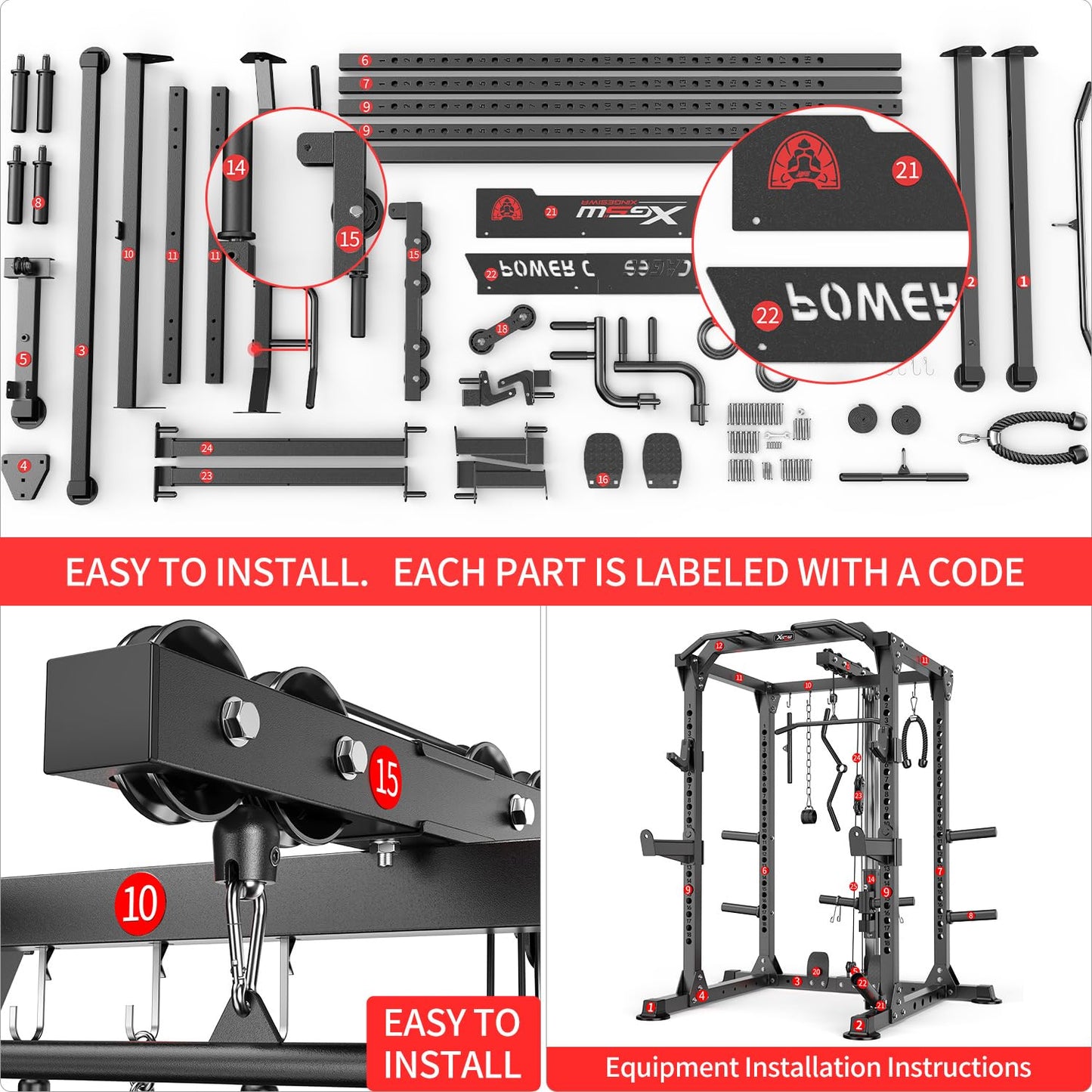 XGSW XINGESIWR Multi-Purpose Squat Rack,Smith Machine Weight Rack Set with Cable Crossover System, Home Gym Power Racks, Power Racks and Packages (L01, Power cage Black+Bench+Color BP 230LBS)