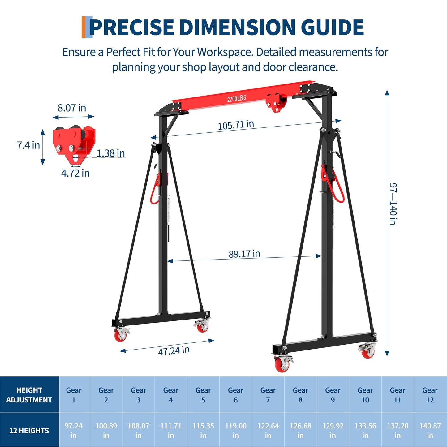 Adjustable Gantry Crane 1 Ton 2200 Lb, 12 Height Positions 97-141 in, Triangle Base a-Frame, Heavy Duty Steel i-Beam, Portable Lifting Crane for Warehouse, Shop, Construction