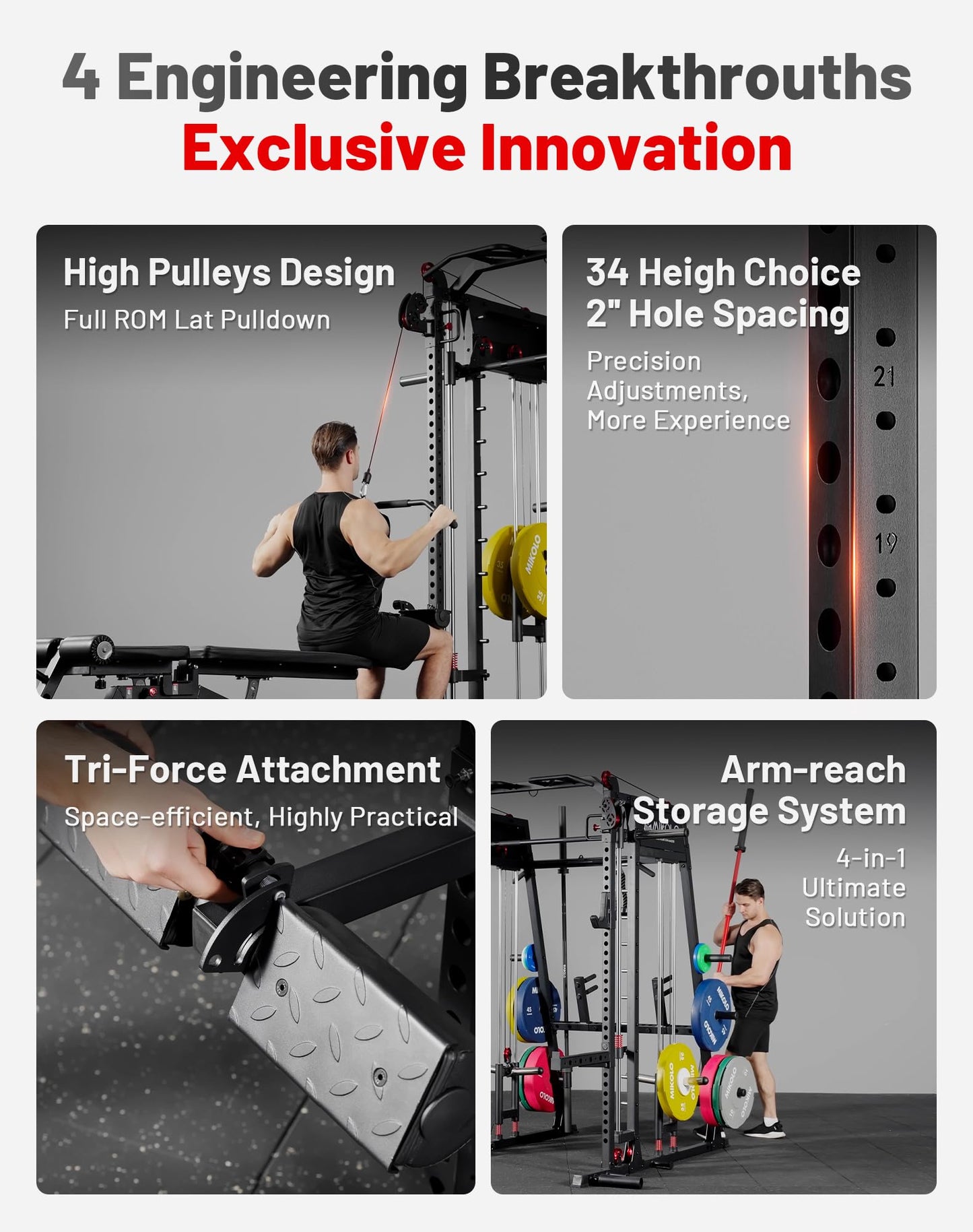 Mikolo Smith Machine, 2200lbs Squat Rack with LAT-Pull Down System & Cable Crossover Machine, Power Rack and Packages (RPRO230CPHGP)
