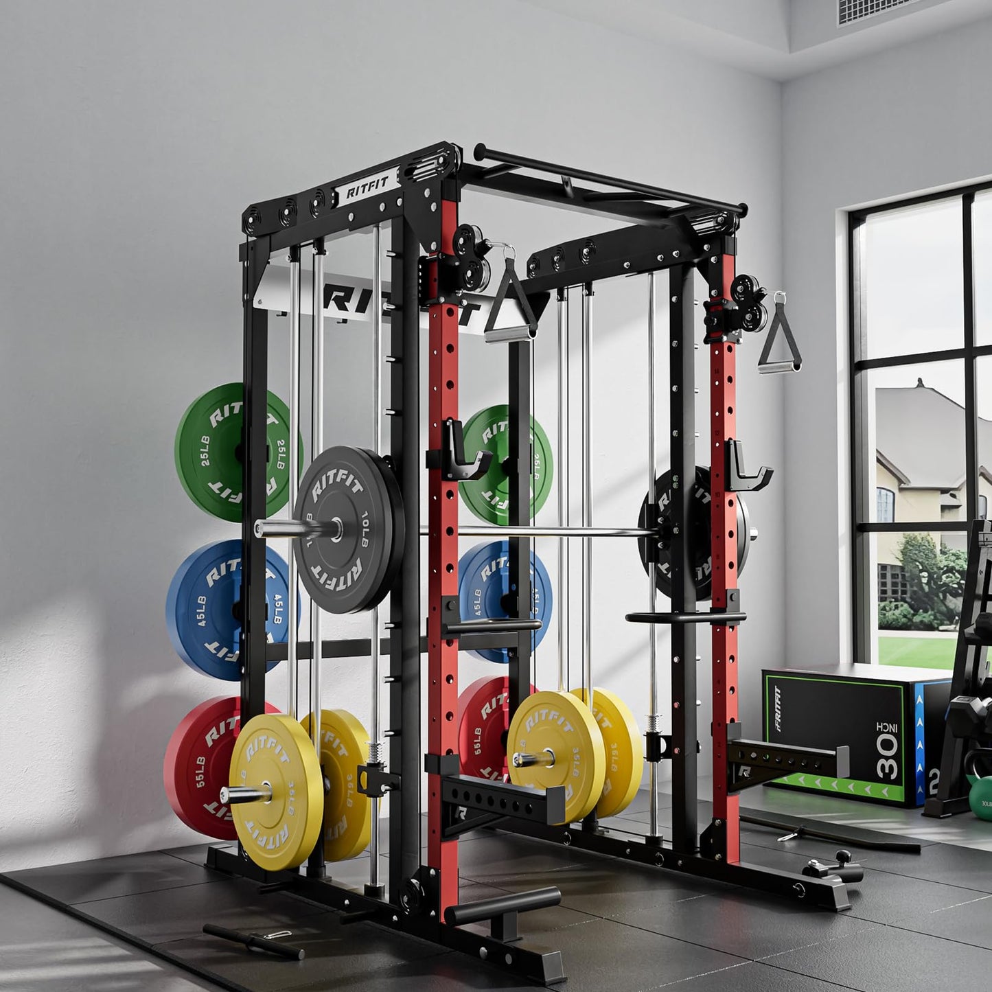 RitFit M2 Smith Machine with with Cable Crossover System, 3D Functional Trainer & Power Cage, 16 Adjustment Holes, 6 Storage Pegs for Full-Body Home Gym(M2 Basic-Red)