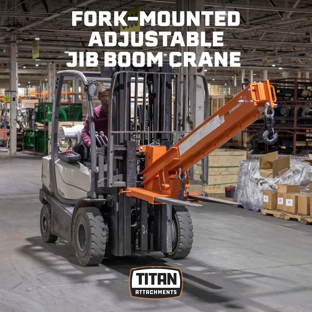 Titan Attachments Fork Mounted Jib Boom Crane Attachment, Manual Telescoping Boom Extends Up to 138”, Pivots Up to 45 Degrees, 6,000 LB Lift Capacity, Two Swivel Hooks, Adjustable Hook Points