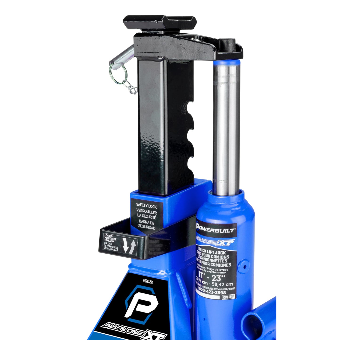 POWERBUILT 3 Ton All-in-One Hydraulic Bottle Jack and Jackstand in One, Compact, Wide Base, 11-21 inch Range, Eliminates Jackstands, for Trucks, SUVs, RVs, Trailers, Not for Sedans (Blue) 640912BL