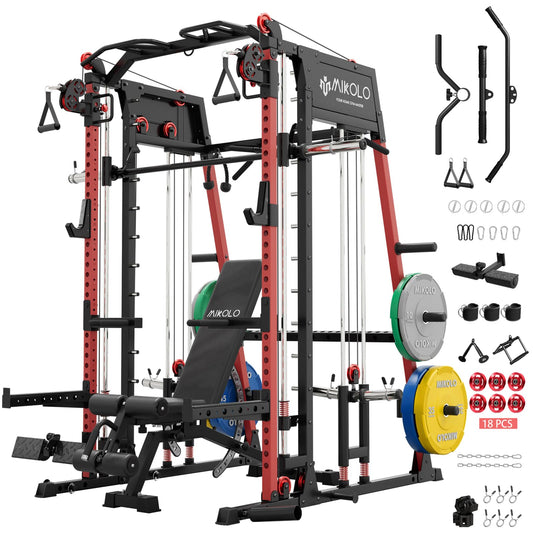 Mikolo M4 2.0 Ultra Smith Machine with Aluminum Pulles, All-in-One Home Gym Power Cage with LAT Pulldown & Cable Crossover, Squat Rack for Full Body Workouts (Red with 230LB Colored Weights Package)