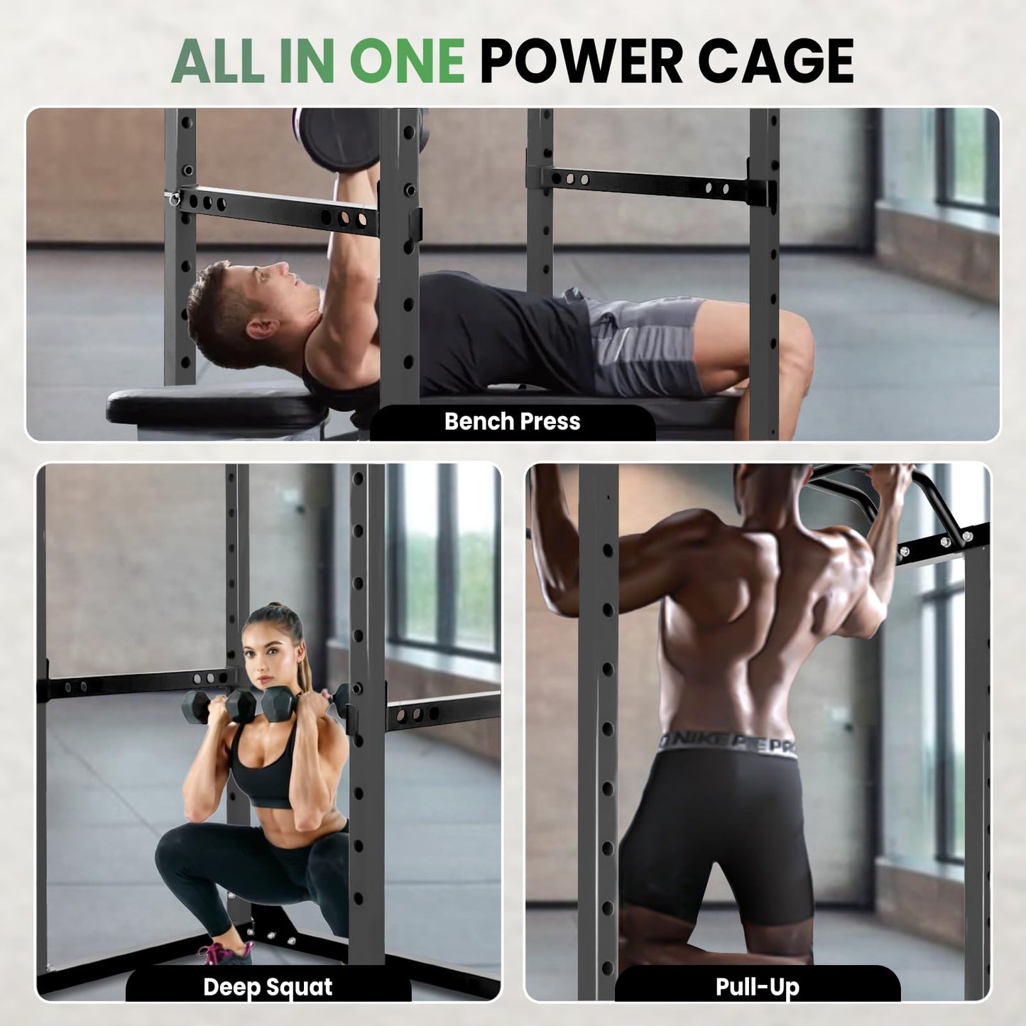 Space-Saving Power Cage for Small Home Gym, 1200 LBS Weight Capacity 2x2 Steel Squat Rack with Multi-Grip Pull Up Bar, Adjustable J-Hooks & Safety Bars for Full Body Workout, Smith Machine