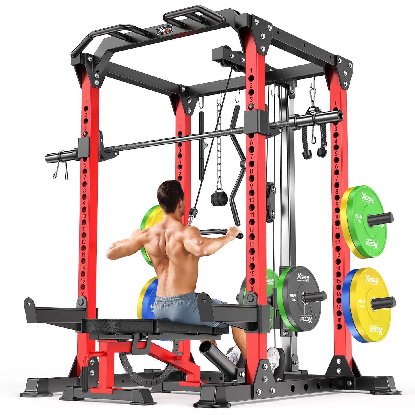 XGSW XINGESIWR Multi-Purpose Squat Rack,Smith Machine Weight Rack Set with Cable Crossover System, Home Gym Power Racks, Power Racks and Packages (L01, Power cage Red+Bench+Color BP 230LBS)