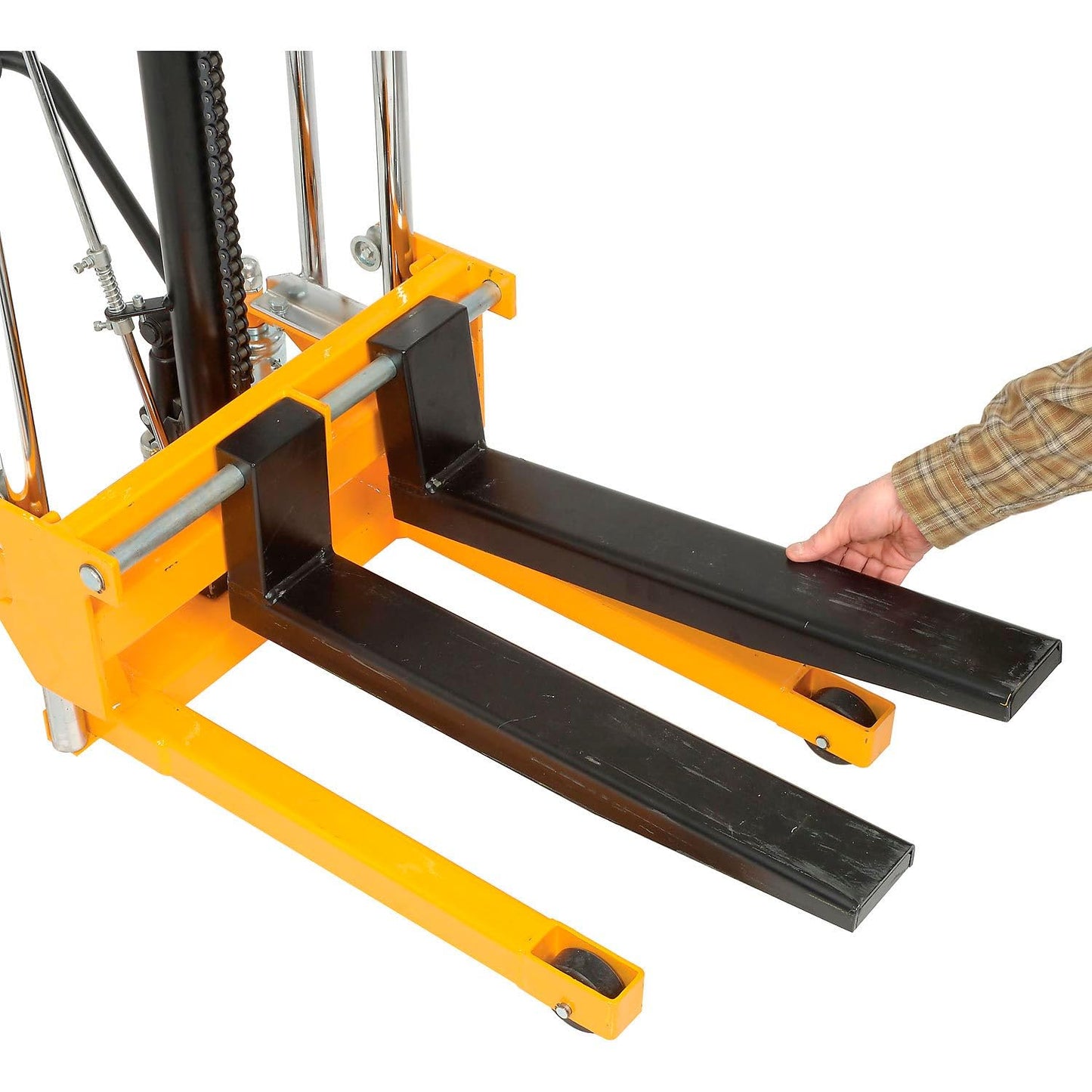 Global Industrial Manual Lift Stacker, 3-1/2" to 59" Lift, Adjustable 8-1/2" to 19-1/2"W Forks, 880 Lb. Capacity, Foot-Operated Hydraulic Pump, Yellow Powder Coat Steel Frame