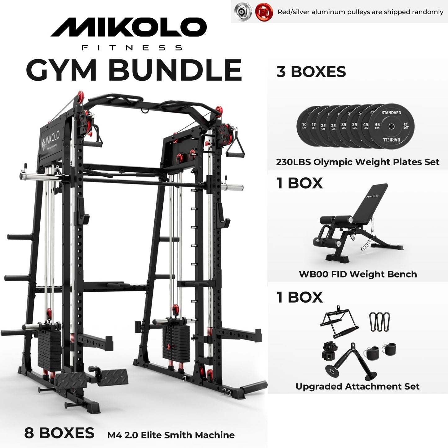 Mikolo M4 2.0 Elite Smith Machine with 230 lbs Bumper Weight Plates, Multi-Function Squat Rack with LAT-Pull Down System & Cable Crossover Machine, Home Gym Equipment, Black