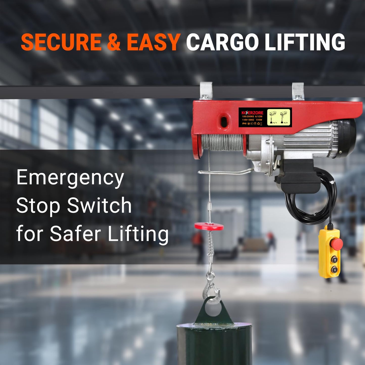 KOERZORE 440 Lbs Electric Hoist Winch with 14 ft Wired Control - 110V Electric Winch with 40ft Lift Height for Garage, Warehouse, ATV, Engine Hoisting, Furniture & Drywall Lifting