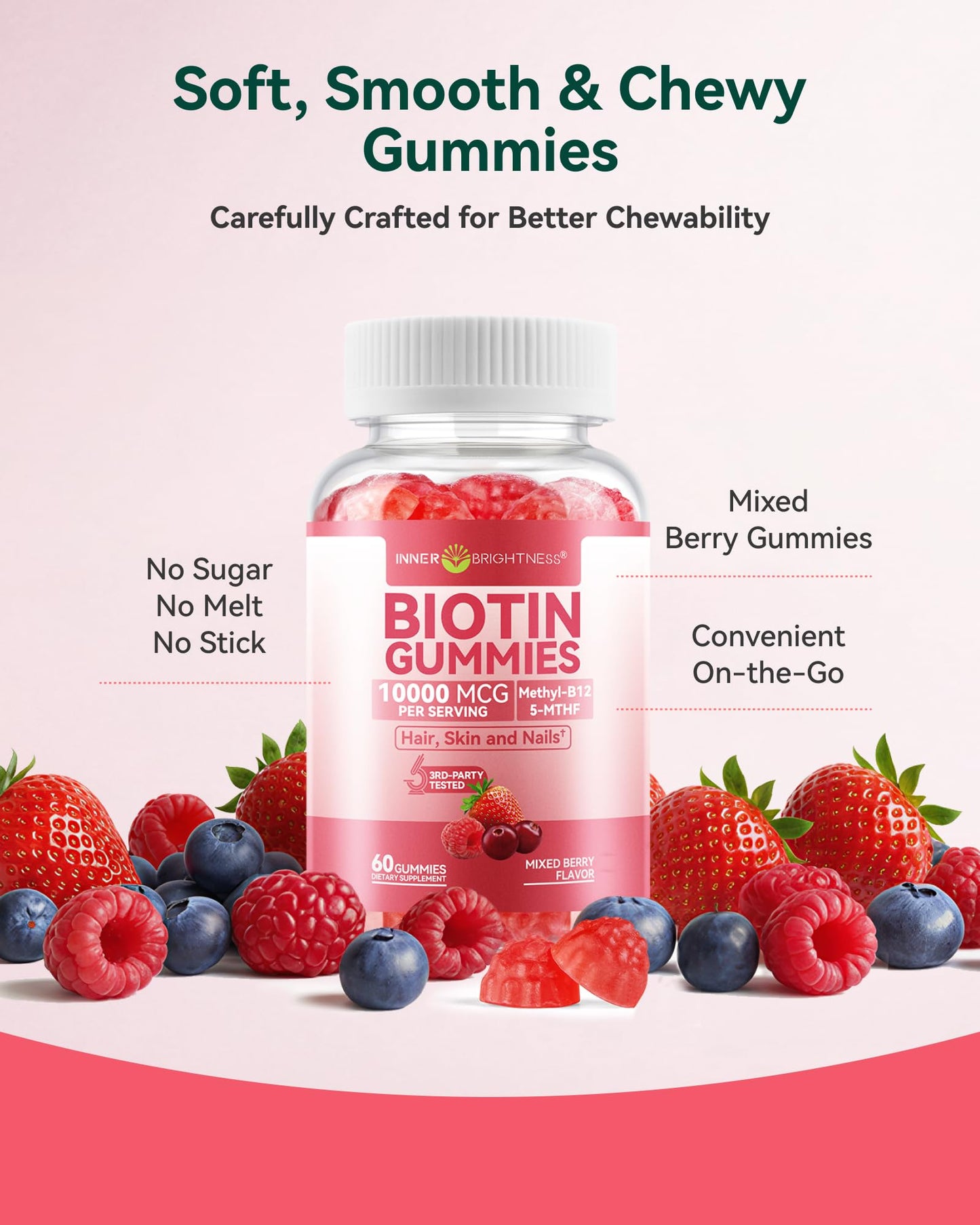 Inner Brightness Biotin Gummies 10,000 mcg – Hair, Skin and Nails Support for Women & Men – with Vitamins C, D3, B6, B12 & Folate – Mixed Berry Flavor, Sugar Free, 120 Count (2 Pack)