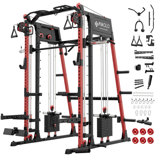 Mikolo M4 2.0 Elite Smith Machine with Weight Stack, All-in-One Home Gym Power Cage with LAT Pulldown & Cable Crossover, Squat Rack for Full Body Workouts (Red)