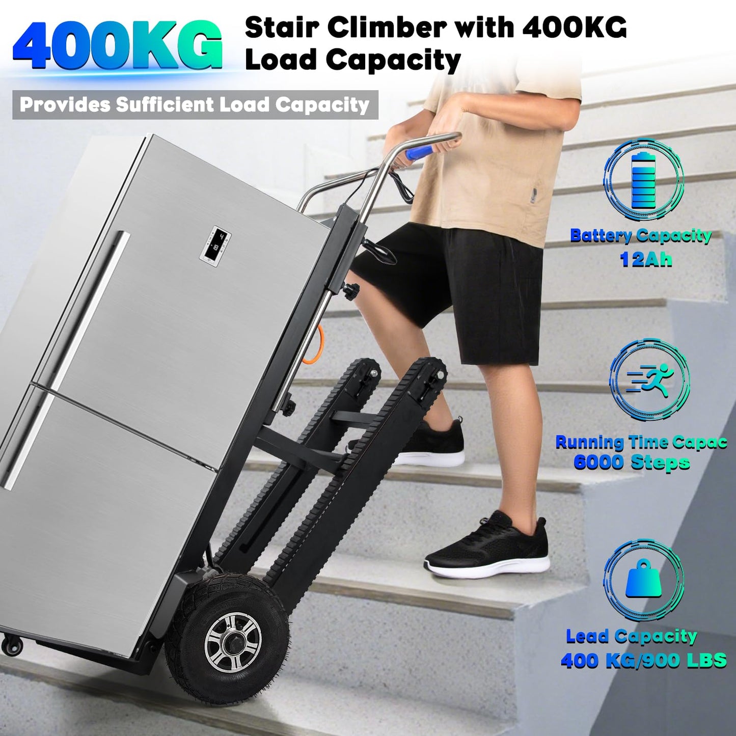 1250W Electric Stair Climbing Dolly, 900lbs Heavy Duty Stair Climber with Retractable Rubber Tracks, Stainless Steel Platform, Lithium Battery & Safety Rope, for Moving Furniture Warehouse, Black
