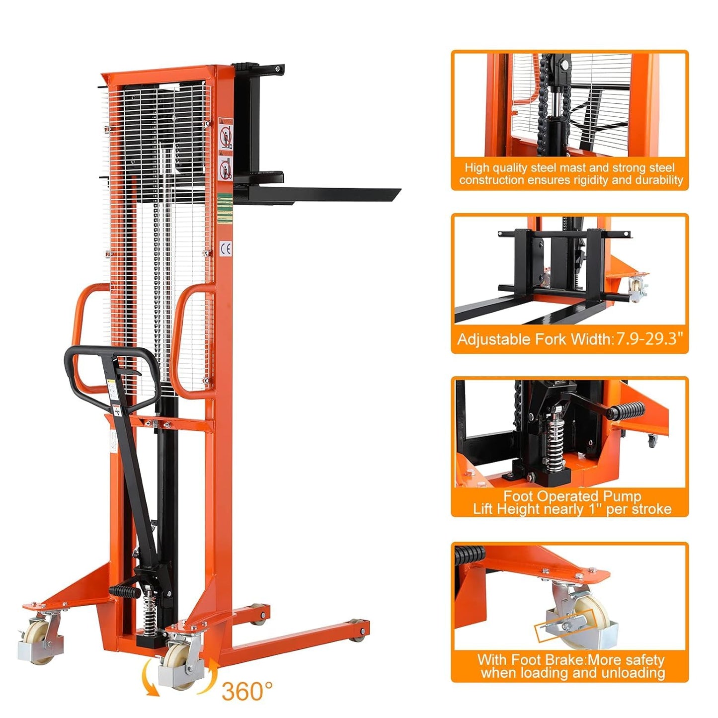 Tory Carrier Material Lift, Manual Pallet Stacker 63” Lifting Height, 1100lbs Capacity with Adjustable Forks Hydraulic Forklift Suitable for Open Bottom Pallets
