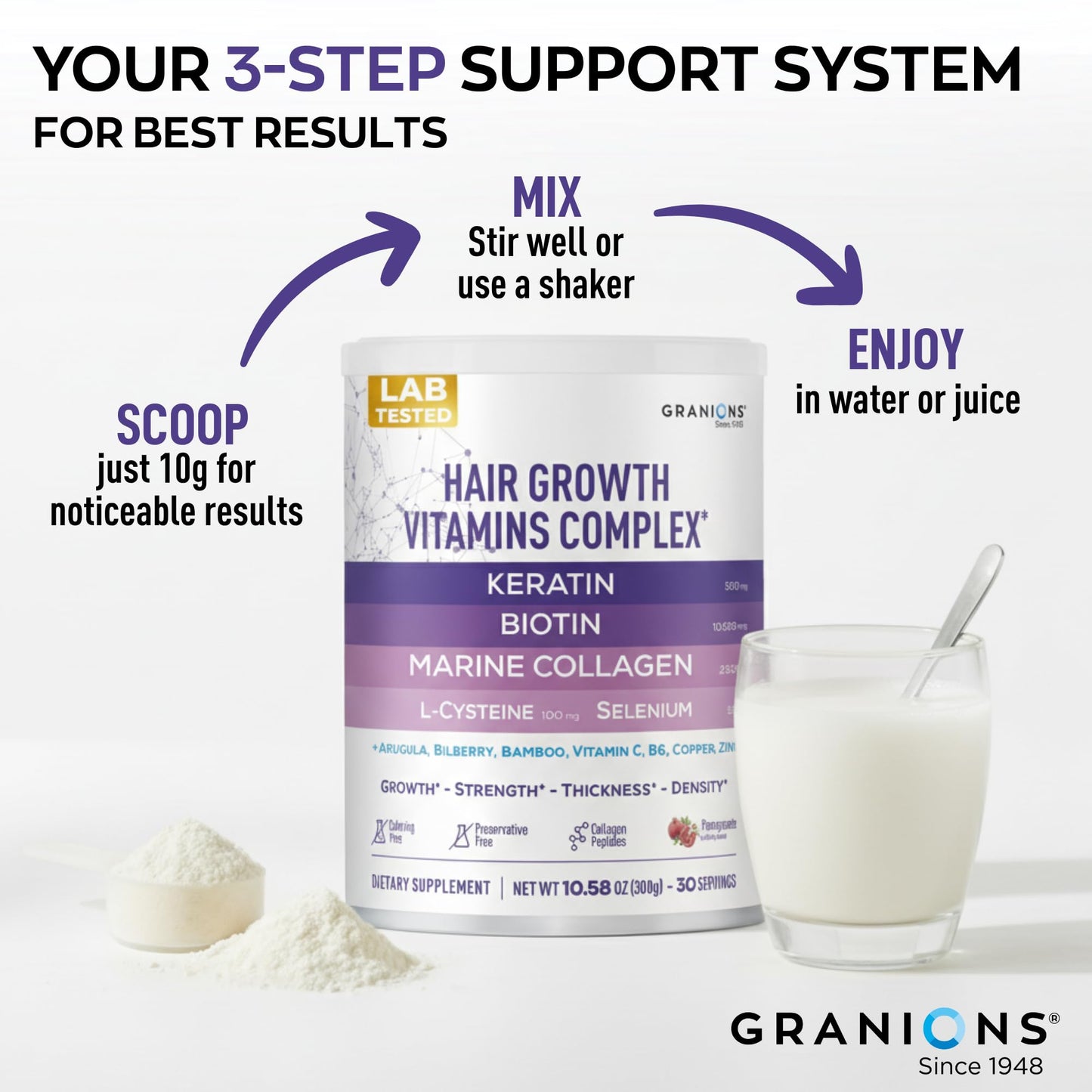 Granions Hair Supplements for Hair Growth Powder - 35,000 mcg biotin Collagen Keratin, Strength, Thickness, Loss Support for Women and Men - Collagen Peptides, Biotin 10,000, Keratin, Aminos - 10.5oz