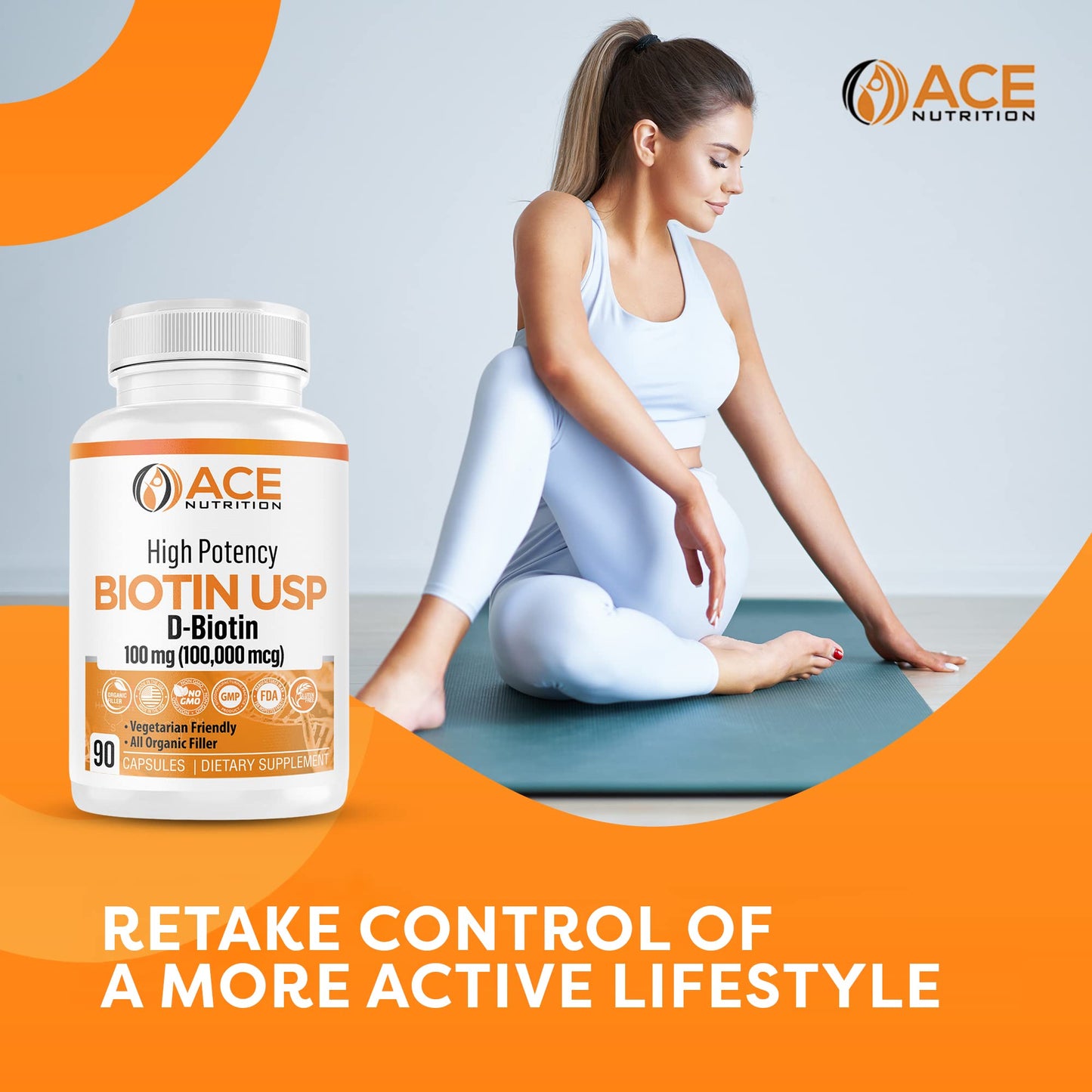 Ace Nutrition High Potency Biotin USP (D-Biotin 100,000mcg) - Superior Biotin, Organic Rice Flour, Vegetarian Capsules For Hair, Skin, & Myelin Health, Made in the USA (100mg/90 Capsules)
