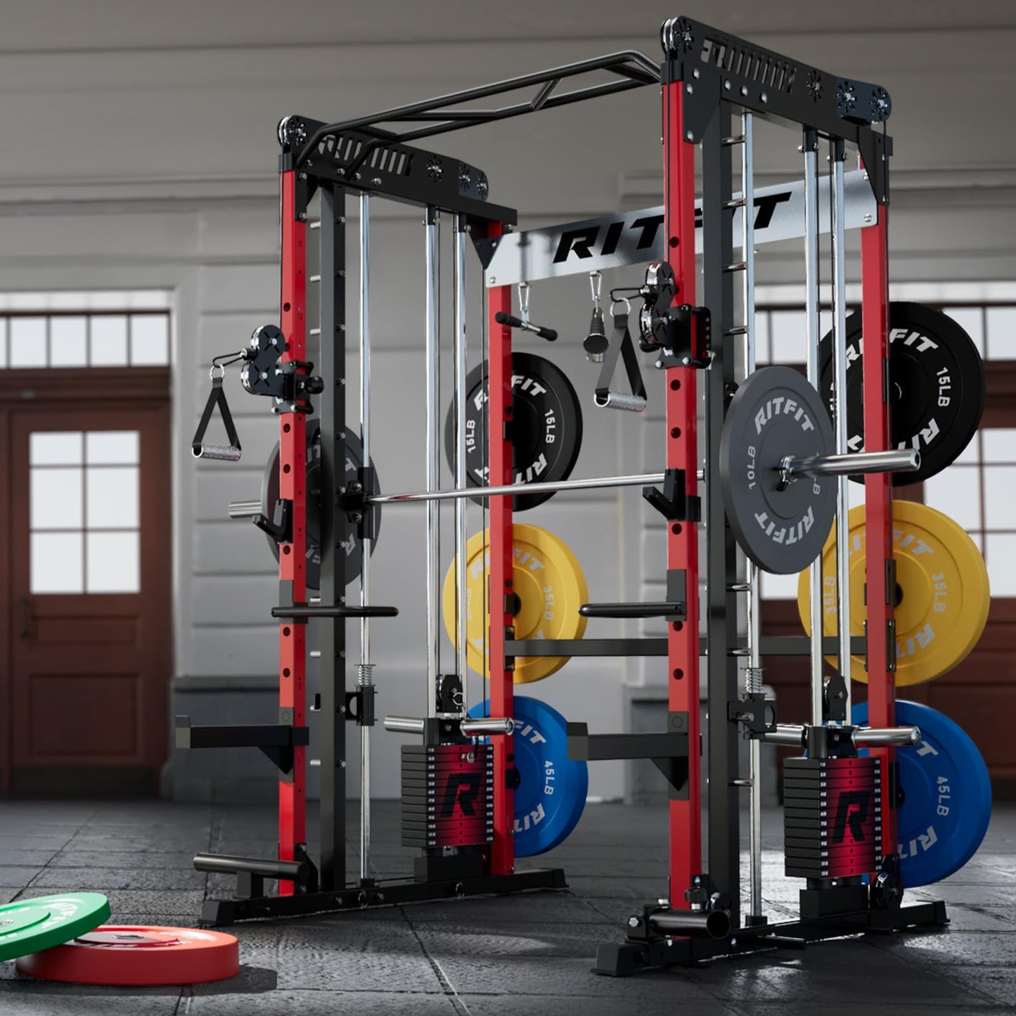 RitFit M1 Pro Smith Machine with LAM1 Adjustable Lever Arm Attachment, All-in-One Power Cage, Power Rack with LAT Pulldown & Cable Crossover System for Home Gym(Red,BP230)