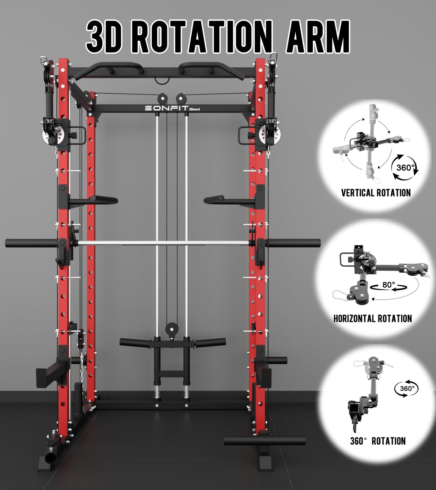 Eonfit E3 Smith Machine with 3D Rotating Arm for Home Gym Equipment, Multi-Function Power Cage Squat Rack with Cable Crossover LAT Pulldown Pulley System All in One (RED, PRO)