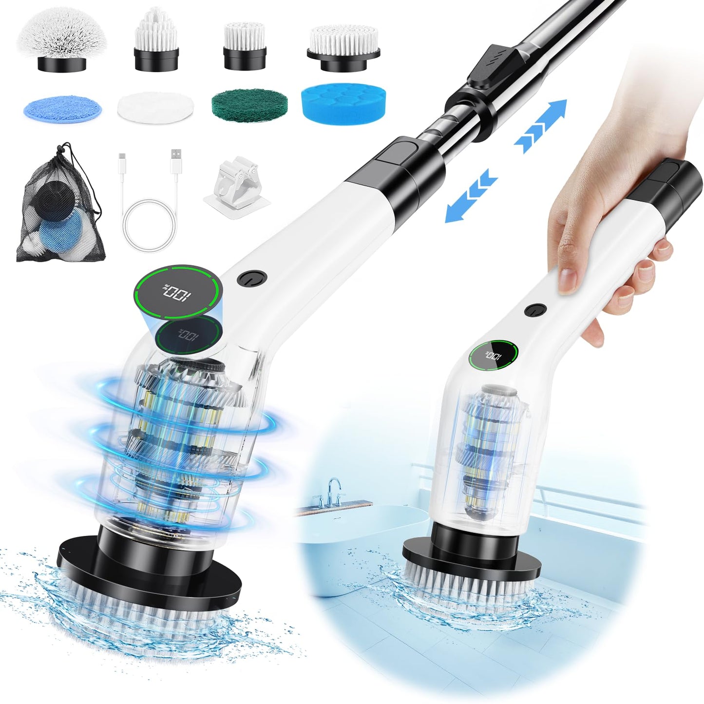 PUFTEM Electric Spin Scrubber, Cordless Shower Scrubber with 8 Scrub Brush, 2 Speed with Adjustable Extension Handle, Battery Level Display, Power Scrubber for Bathroom Bathtub Tile Floor (Black)