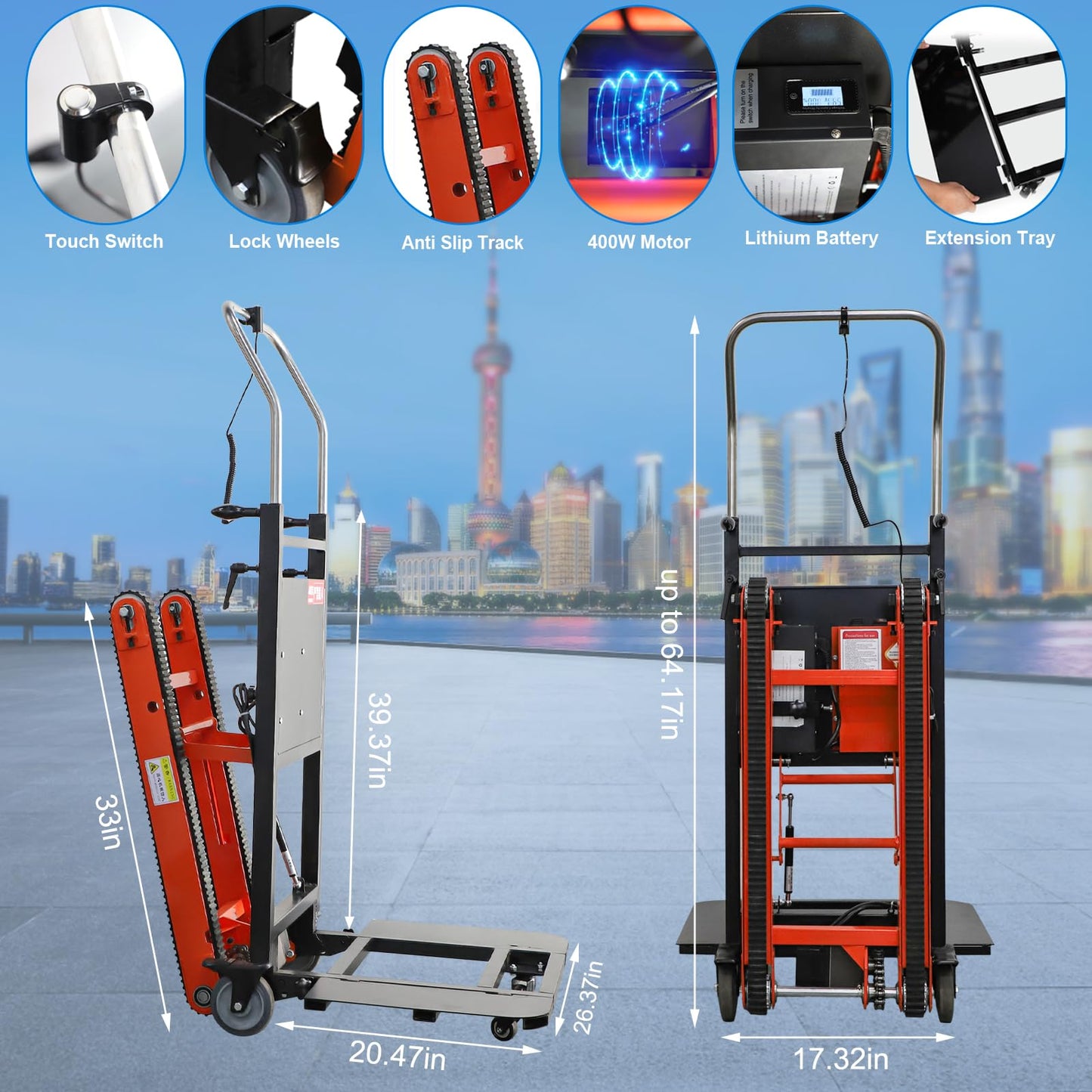 CAMINI 880lb Electric Stair Climbing Hand Trucks Dolly Cart for Moving, 500W-850W Motor Power Heavy Duty Folding Stair Climber Cart Hand Trolley with Solid Wheel (Small Rubber Tracks-Orange)