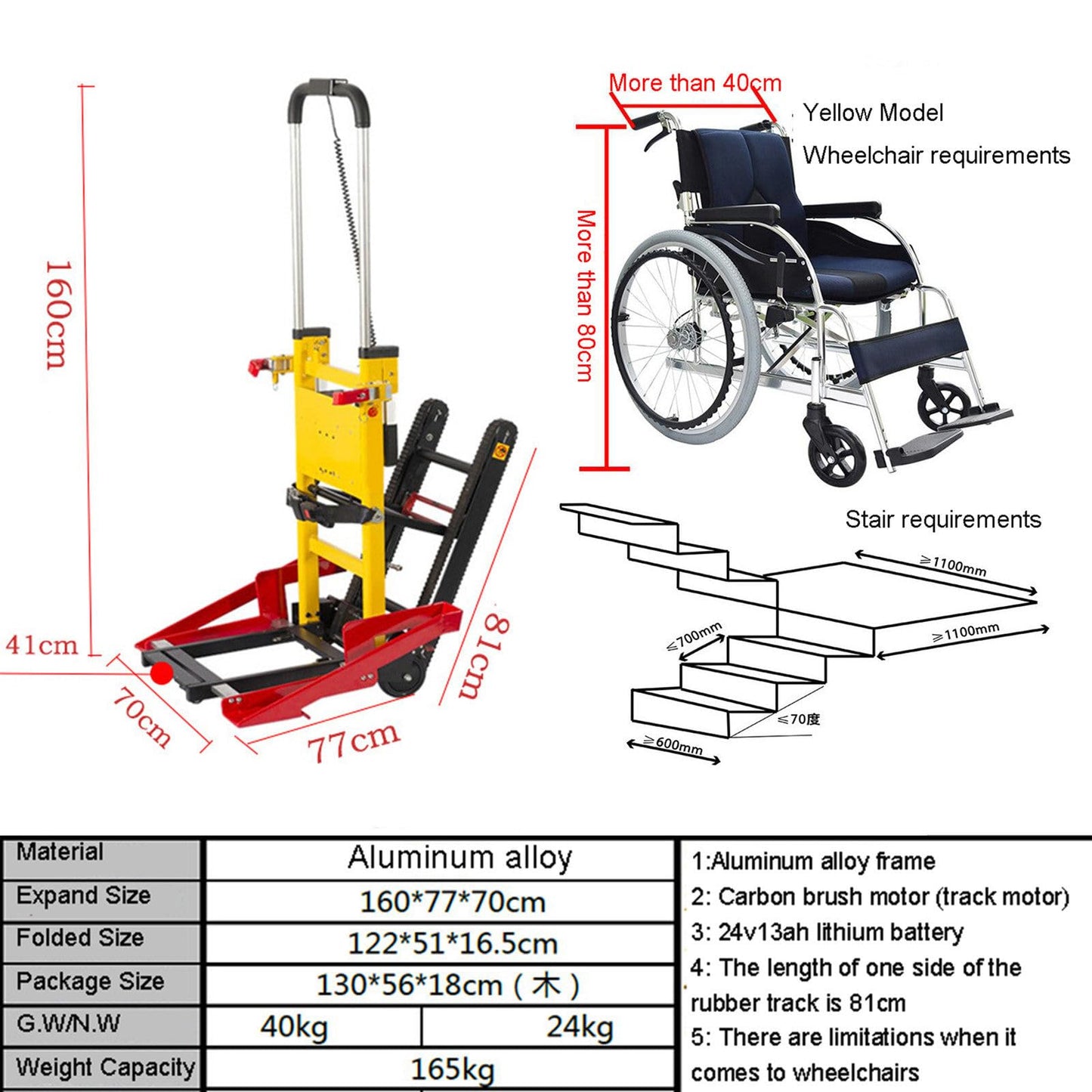 Electric Stair Climber - Crawler Type, Aluminium Alloy Electric Hand Trolley Wheelchair Docking Vehicle, Foldable Electric Stair Lift, Transfer Patients/Cargo Up and Down Stairs, Max Load 440lb/200kg