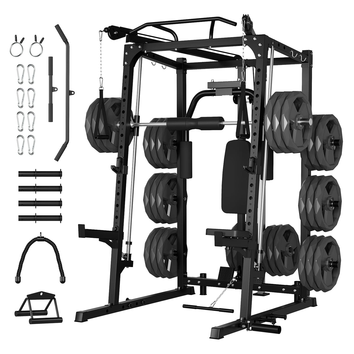 Smith Machine Squat Rack with Butterfly Chest Sation, Multi-Function Home Gym Power Cage with Cable Crossover, LAT Pulldown, 8 Weight Storage Pins & T-Bar for Full Body Strength Training