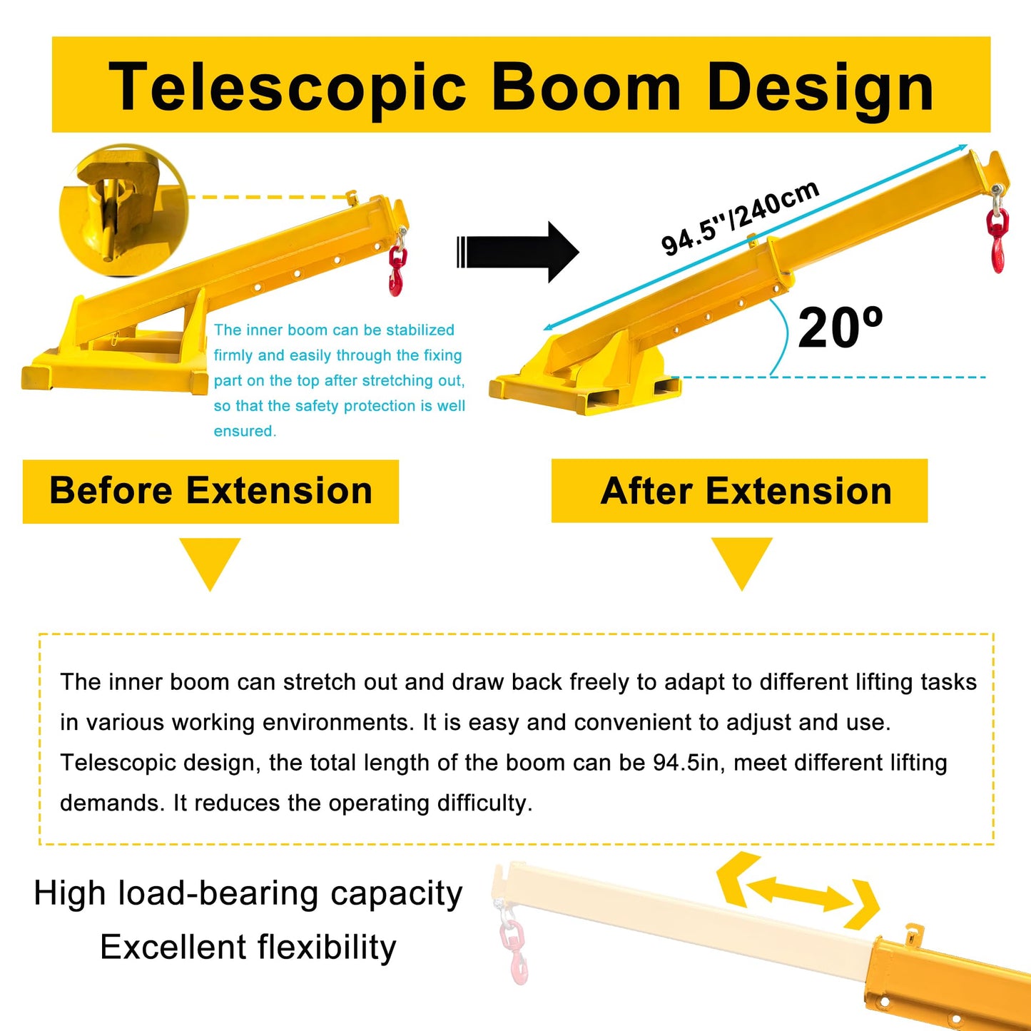 HayWHNKN Forklift Jib Boom Forklift Mobile Crane, 4T / 8800LB Telescopic Crane Attachment with Hook, Max Length 94.5'' Mobile Lifting Hoist Towing Handling for Warehouse & Construction Material