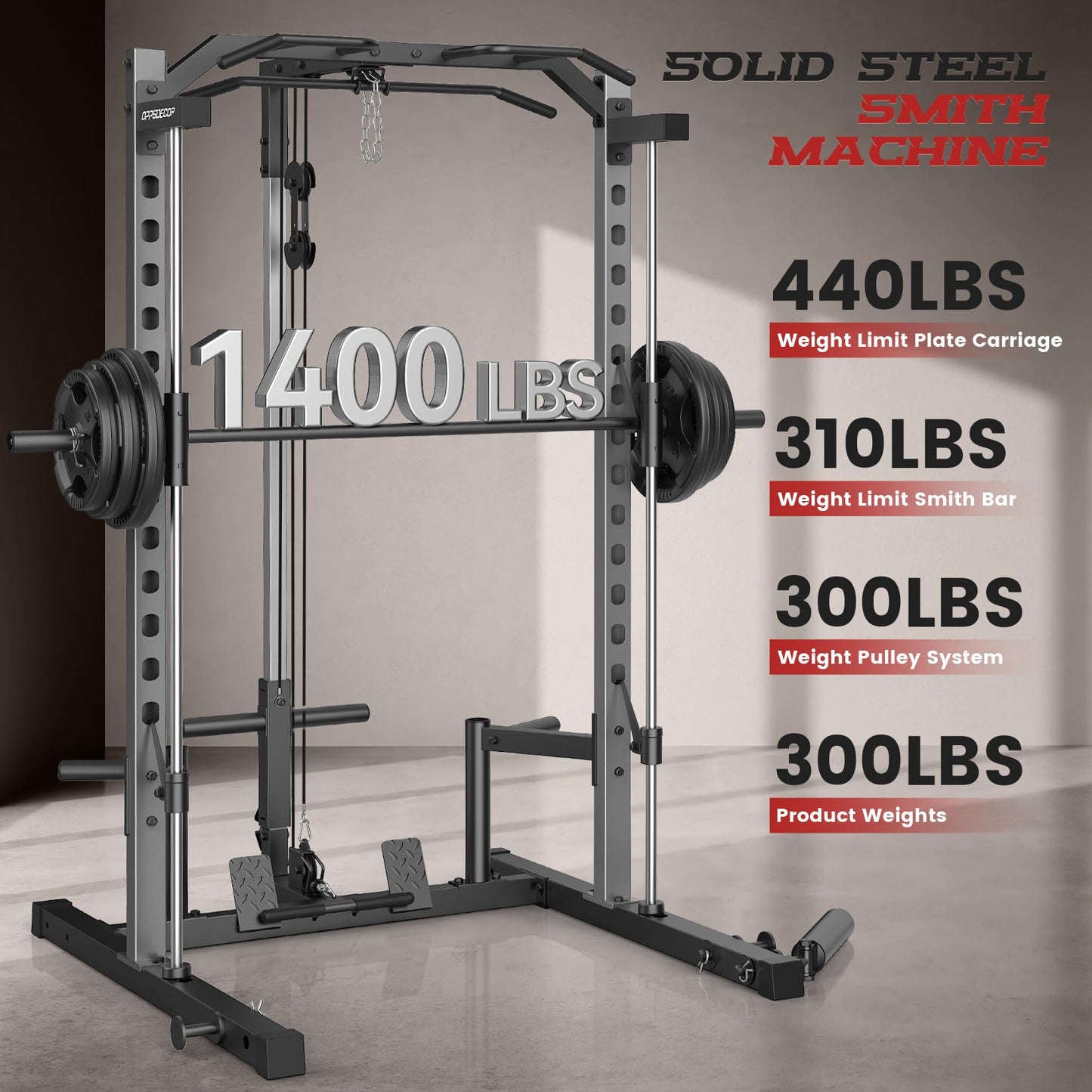 OPPSDECOR All-in-One Smith Machine for Home Gym, 1400LBS Multi-Functional Power Cage Squat Rack with LAT Pulldown System, Cable Machine & Barbell Bar - Strength Training Equipment with Attachments