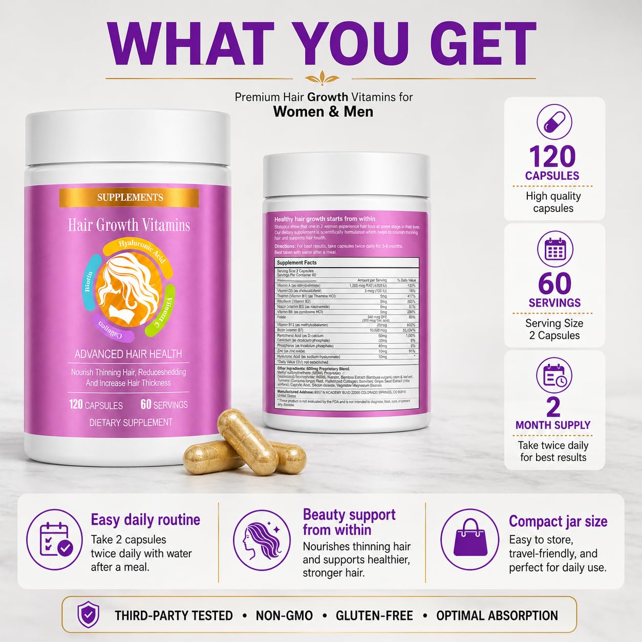 ZYXN Biotin | Collagen | Hyaluronic Acid Supplement, Clinically Proven Hair Growth Support, Skin and Nails, 25000 mcg Vitamins B2, B3, B6 & B7 + B1 & Keratin Women & Men (120 Count (Pack of 1))