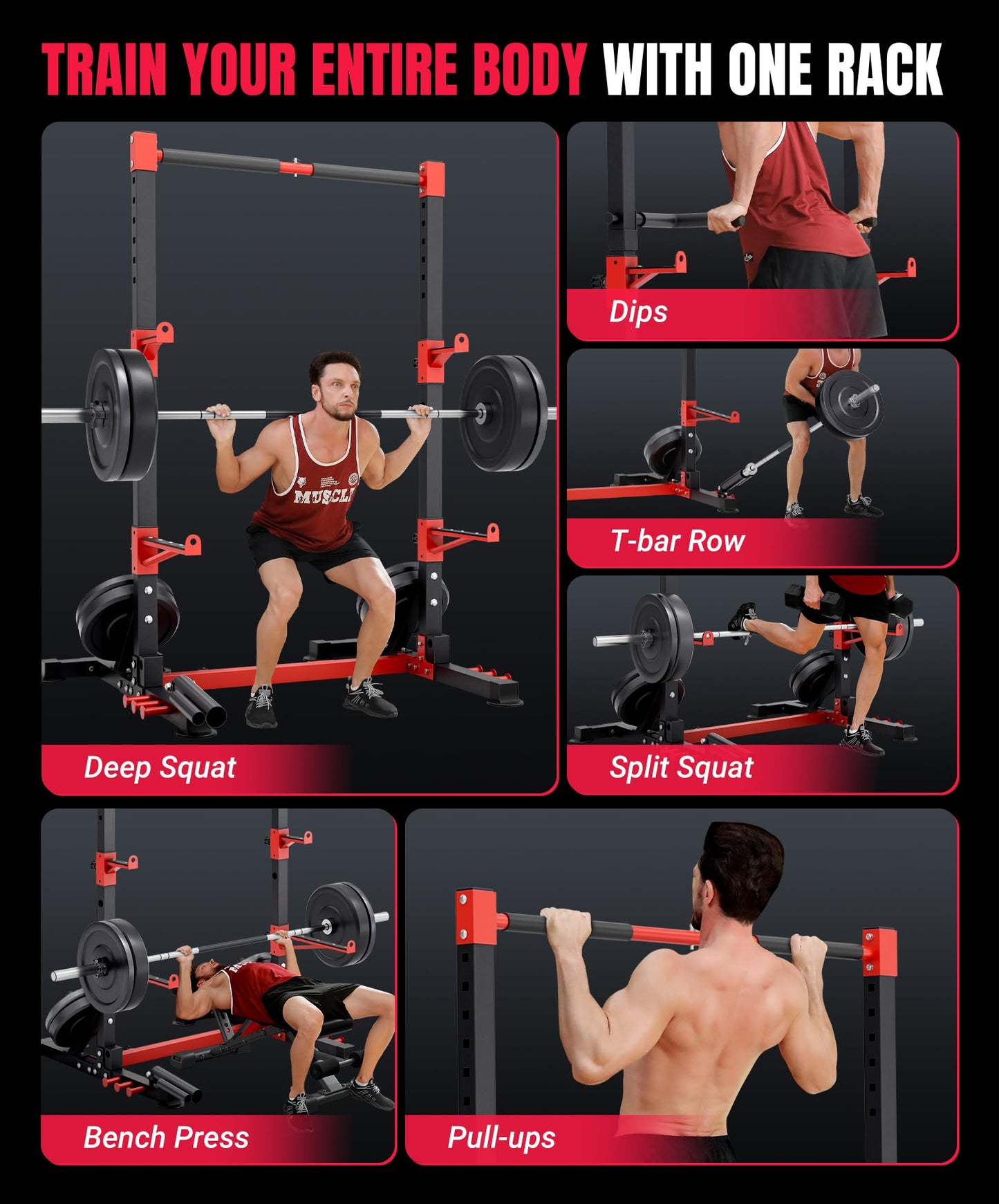YOLEO Squat Rack with Adjustable Pull-Up Bar & Extended Safety Arms, Multi-Functional Power Racks Squat Stand for Home Gym, Garage & Basement, 35"-67" Width, Fixed 83” Frame Height, Pull-Up Bar Height 71.5"-80.5", Fits 6FT & 7FT Barbells