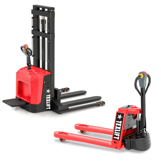 Full Electric Forklift Walkie Pallet Stacker with Stand 3300 Lb Capacity 118 Inch Lifting Height and Full Electric Power Pallet Jack 3300 Lb Capacity 48” L x 27” W Fork Size
