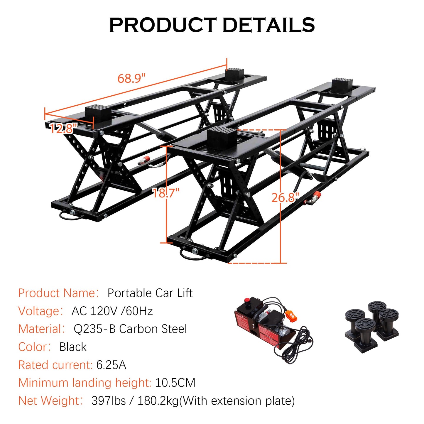 Portable Car Lift 7,000 LBS Capacity – 26.8" Max Lifting Height Heavy‑Duty Quick Jack with Mechanical Safety Locks, Adjustable Columns, Wheels & 120V Power Unit for Cars, SUVs, Trucks