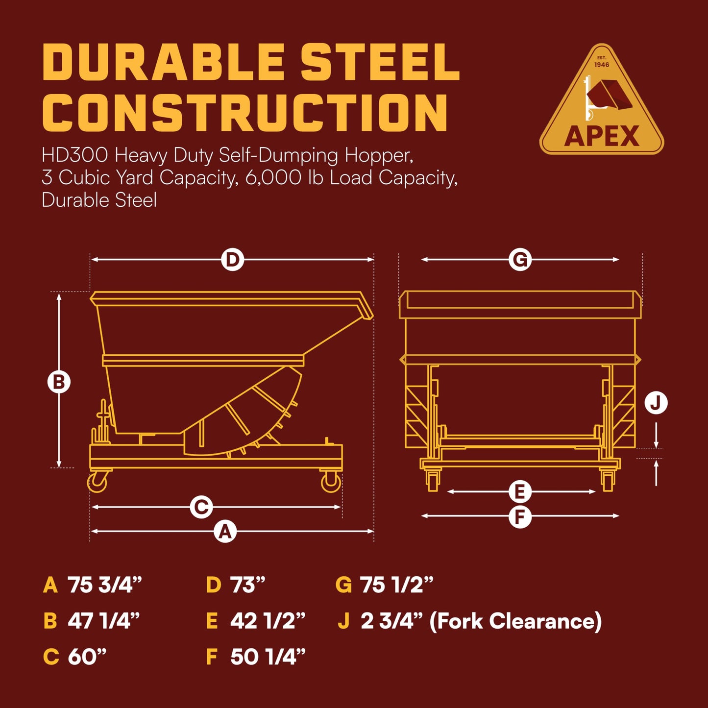 Apex Heavy Duty Self-Dumping Hopper with Casters, 3 Cubic Yard Capacity, 6000 lb Load Capacity, Durable Steel Construction, Commercial and Industrial Use, Made in The USA (3 Cubic Yard)