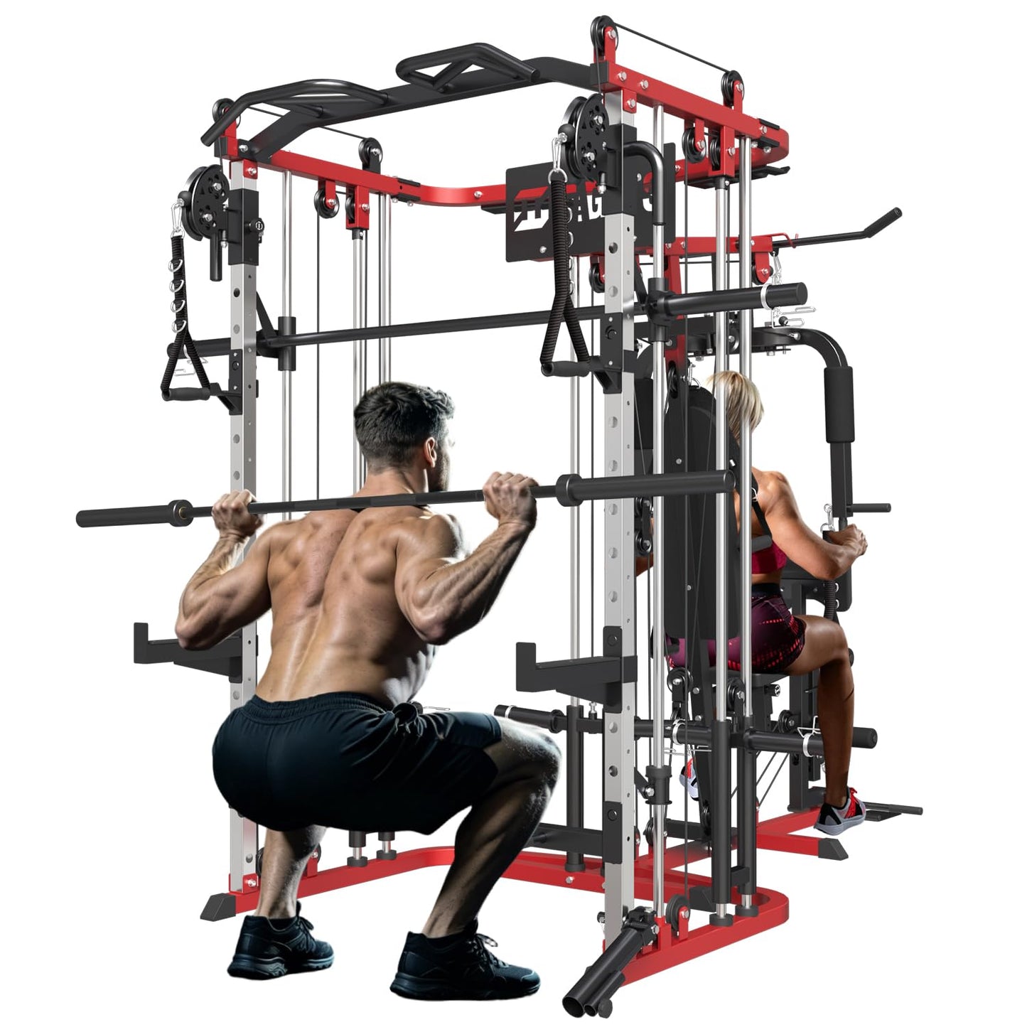 FAGUS H All in One Home Gym System Workout Station, Multi-Function Smithe Machine Power Cage with Cable Crossover, Tripe-Sided Independent Load Posts, Smithe Trainer for Full Body Training, Black Red