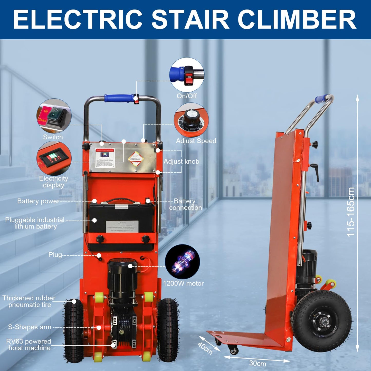 CAMINI 880lb Electric Stair Climbing Hand Trucks Dolly Cart for Moving, 500W-850W Motor Power Heavy Duty Folding Stair Climber Cart Hand Trolley with Solid Wheel (Orange)
