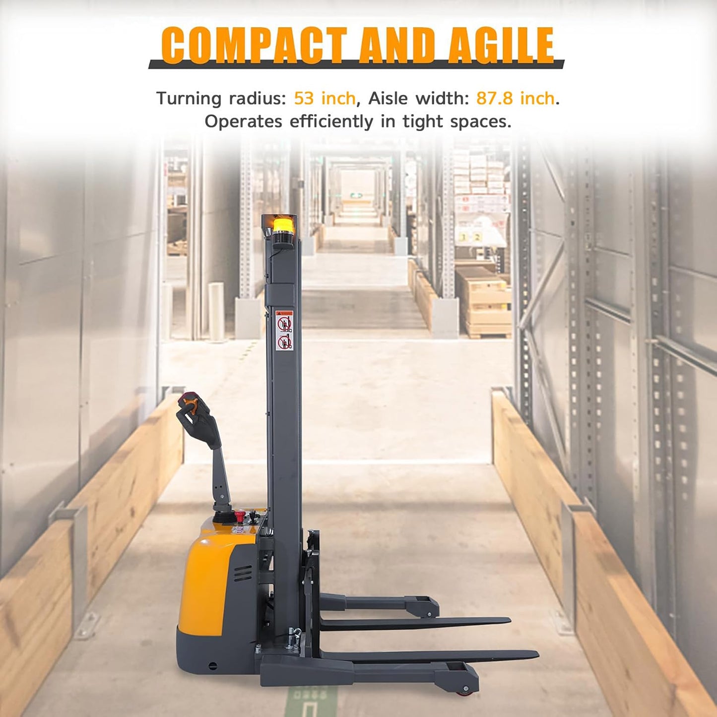 Apollo Full Electric Pallet Stacker, Material Lifts 3300 lbs Capacity, 130" Lifting Height, Gel Battery Powered Forklift with Straddle Legs and Adjustable Forks