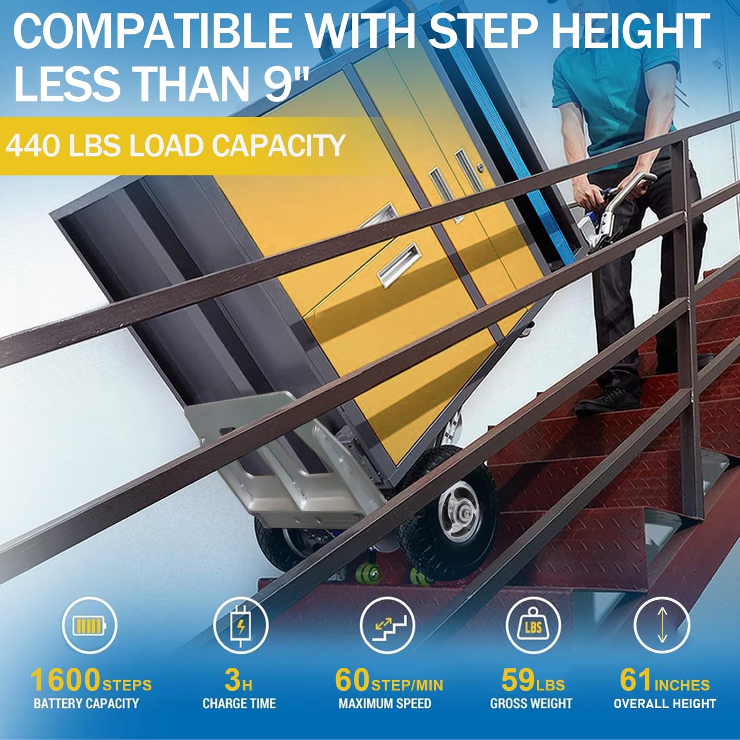RXFSP 440LB Capacity Electric Stair Climbing Hand Truck 400W Aluminum Heavy-Duty Motorized Dolly for Straight & Curved Stairs, Effortless Heavy Load Transport