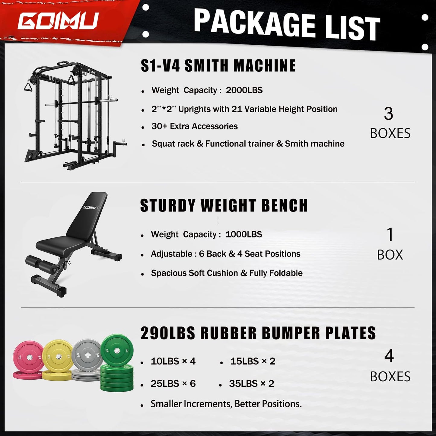 Goimu S1-V4 Smith Machine, 2000LBS Power Cage with Cable Crossover System, All-in-One Squat Rack with Smith Bar, Strength Training Equipment for Hone Gym (Black Smith Machine wiht 290lb C Weights)