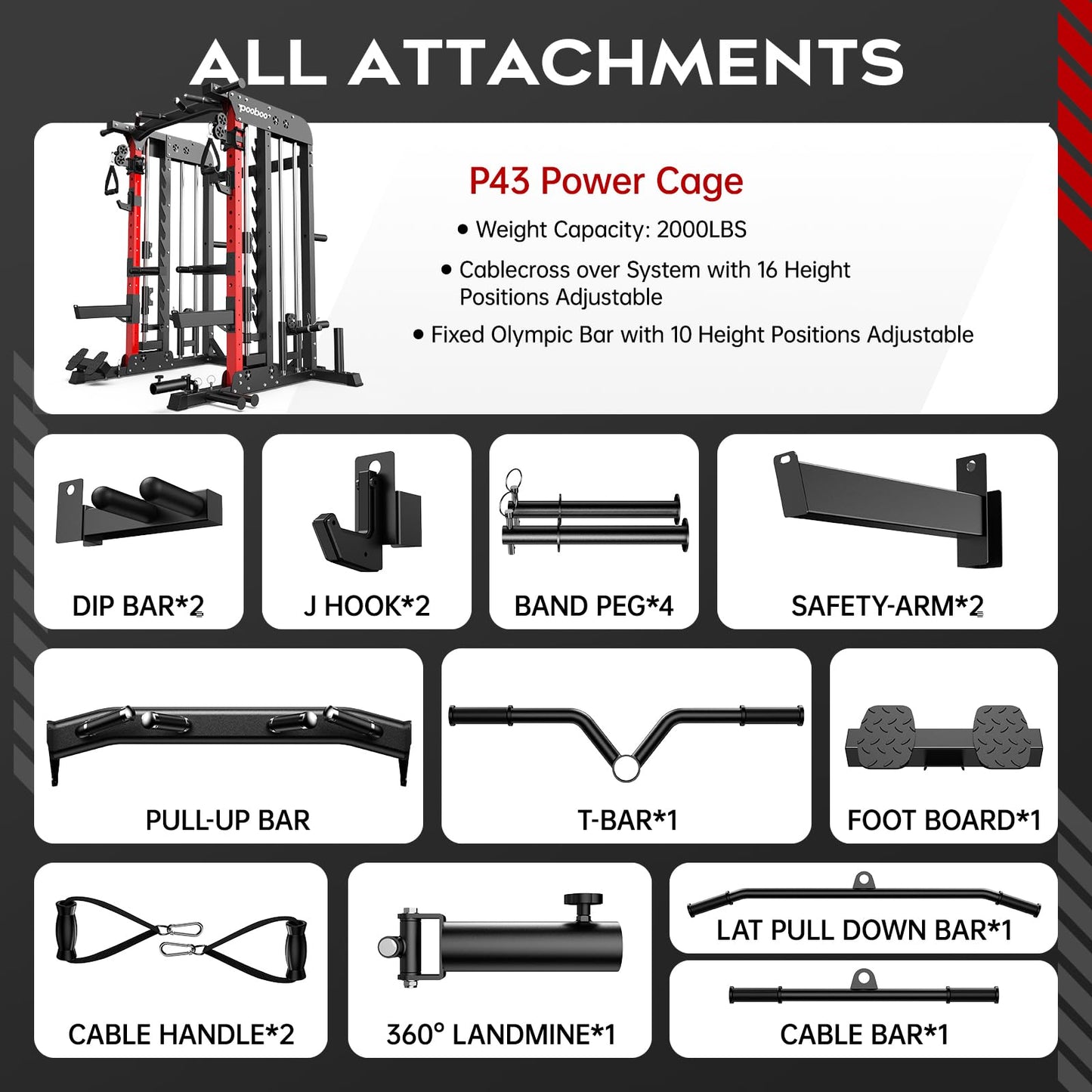 Power Rack Cage,2000LB Smith Machine Squat Rack,Home Gym Total Body Workout System Dual Pulley Cable Crossover Multi-Functional Workout Machine with Strength Training Attachments