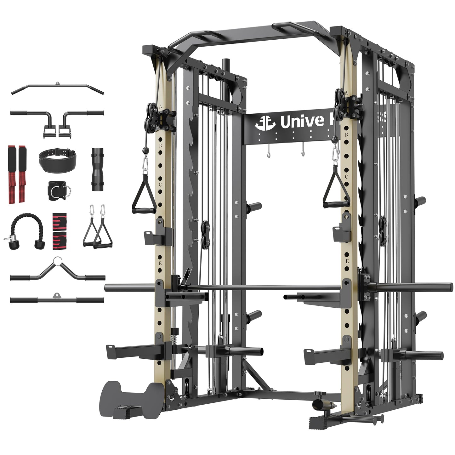 Unive Fitness Smith Machine, All-in-One Home Gym Power Cage with Squat Rack, Dual Cable Crossover & Pulley System, Complete Attachments for Full Body Workouts (DE Smith Machine)