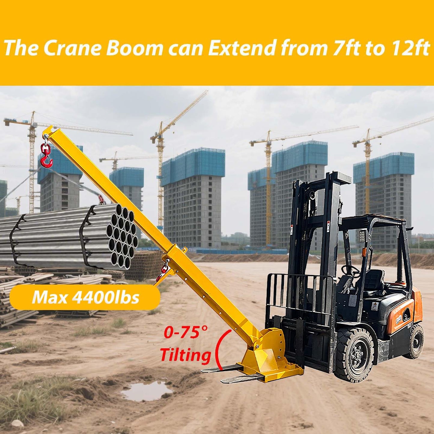 JARYANNIX Forklift Jib Boom Crane, 2T 12ft Forklift Mobile Crane with 2 Hooks Hoist, 0-75° Adjustable Tilt, for Towing Handling Equipment, Adjustable Telescopic Booms Attachments