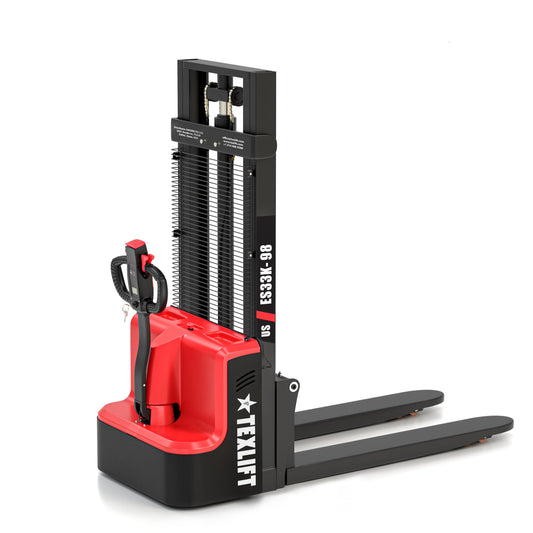 Full Electric Walkie Pallet Stacker 3300 lb Capacity, 98″ / 8 Ft Lift Height, Fixed Narrow Legs & Adjustable Forks 5.5″–27″, Battery Powered Material Lifter for Warehouse (US-ESN33K-98)
