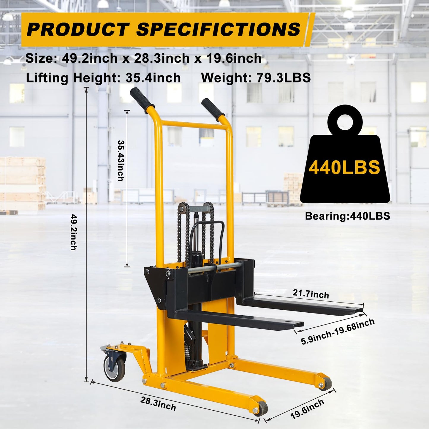 VisHomeYard Pallet Truck Trolley, Lift Table, 440 lbs 36“ Max Lift with 8” Wheels, Pallet Truck Dolly Lift Table Fork Lift, Swivel Casters