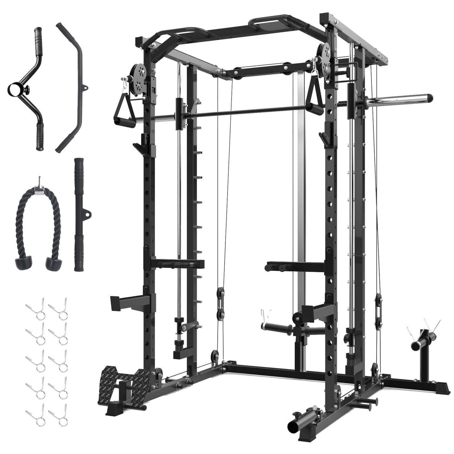 GAOMON Smith Machine Squat Rack, Heavy Duty Strength Training Power Cage with Pulley System, Dip Bar, LAT Pulldown, Multifunctional Workout Machine for Home Gym, Studio, Black