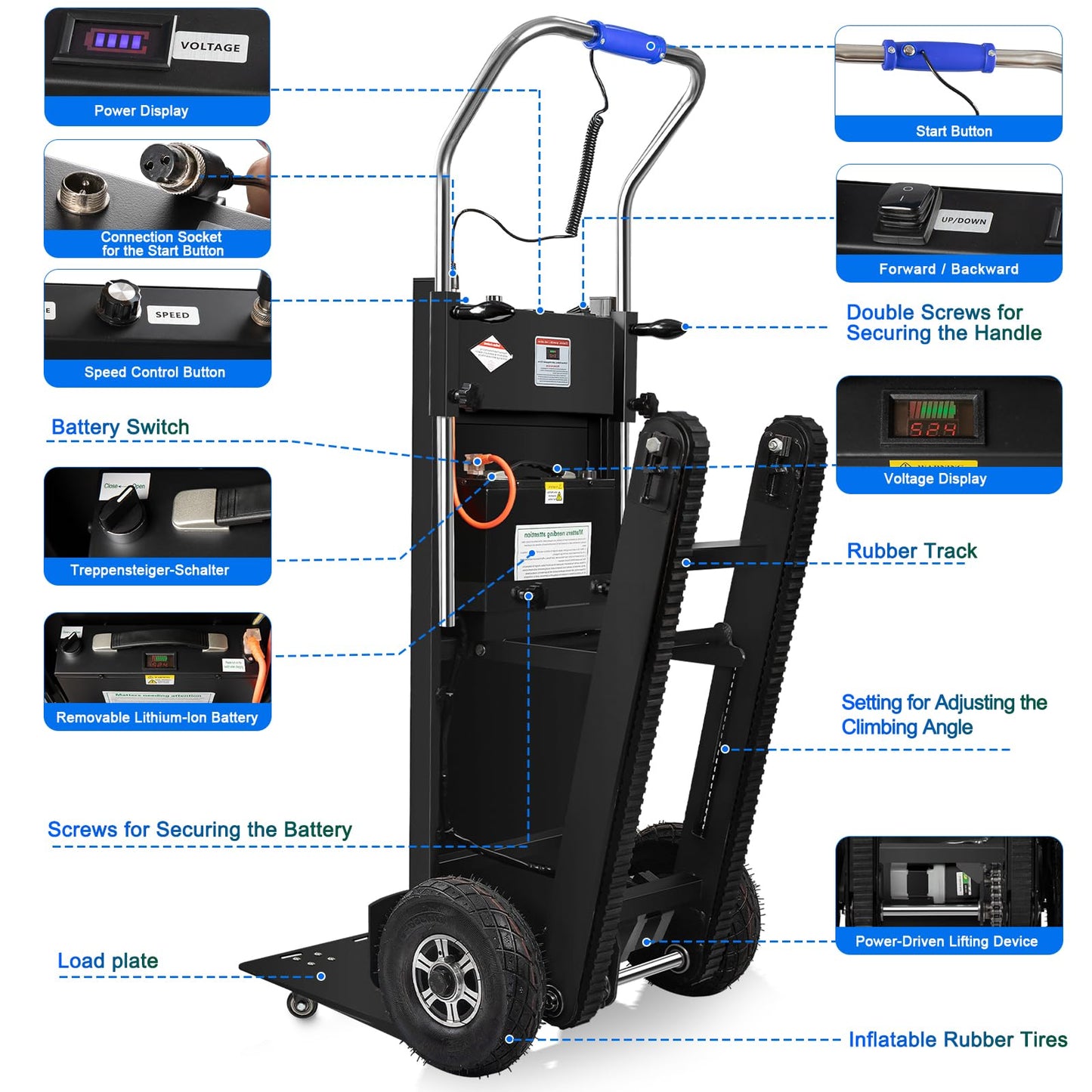 Electric Stair Climbing Dolly, 1250W Electric Stair Climbing Hand Truck, 900lbs Max Load Capacity, 3 Mode Folding Stair Climber Hand Trucks with Telescopic Handle for Moving (Black/Big Wheel)