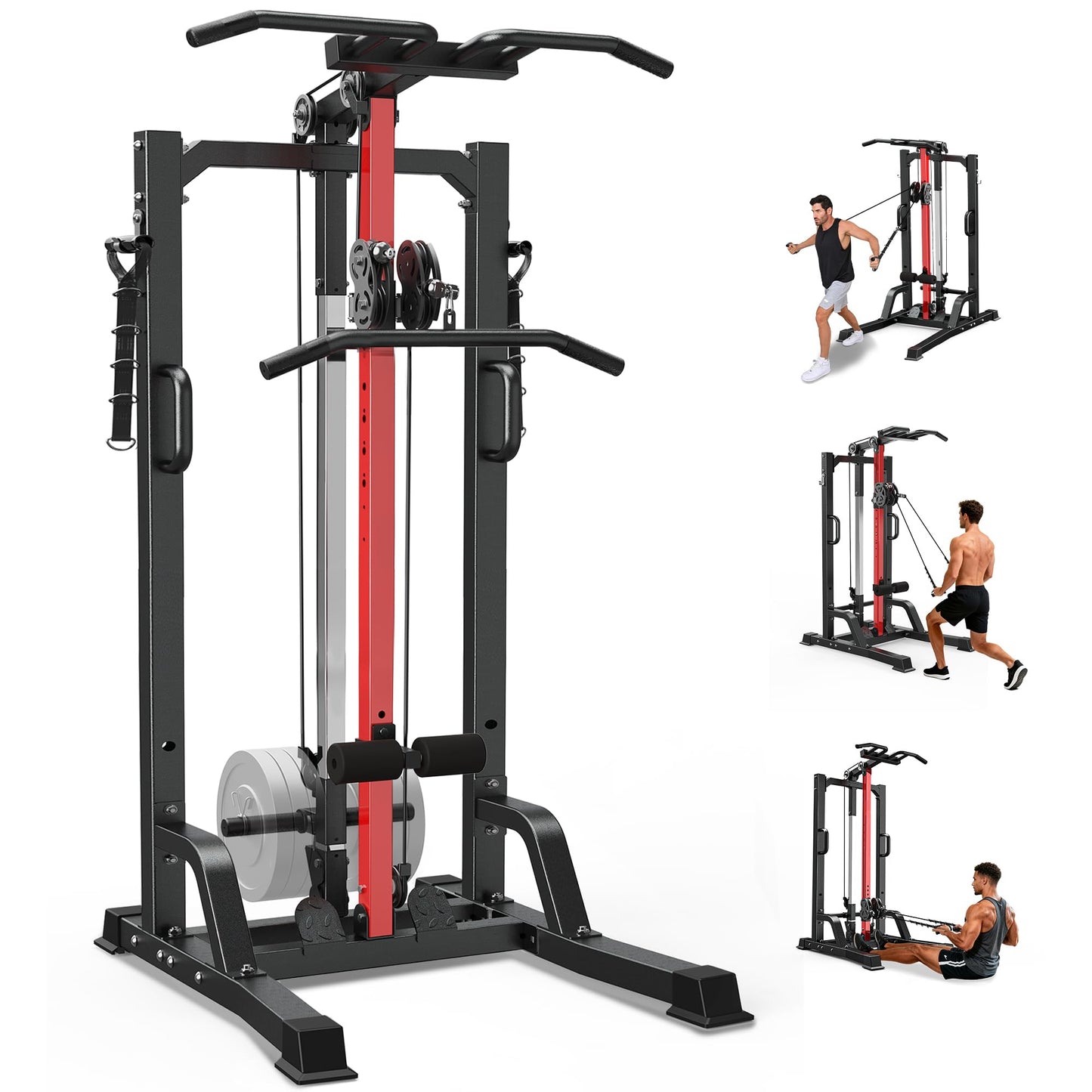 pooboo 450LBS All-in-One Home Gym Functional Trainer with LAT Pulldown System, Power Cage & Cable Crossover Machine, Squat Rack with Dual Pulley System and Dip Bars