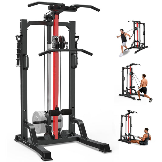 pooboo 450LBS All-in-One Home Gym Functional Trainer with LAT Pulldown System, Power Cage & Cable Crossover Machine, Squat Rack with Dual Pulley System and Dip Bars