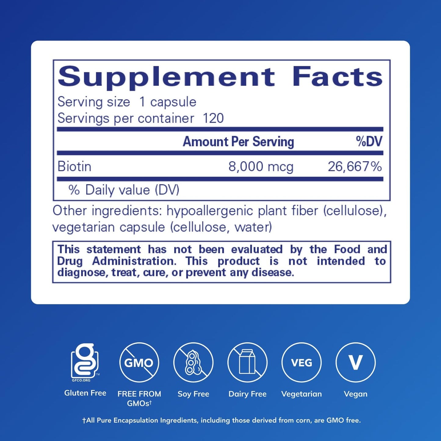 Pure Encapsulations Biotin 8 mg - B Vitamin Supplement to Aid Stress Relief, Hair, Skin & Nail Strengthening, Metabolism, Carbohydrate Support & Nervous System* - with Premium Biotin - 120 Capsules