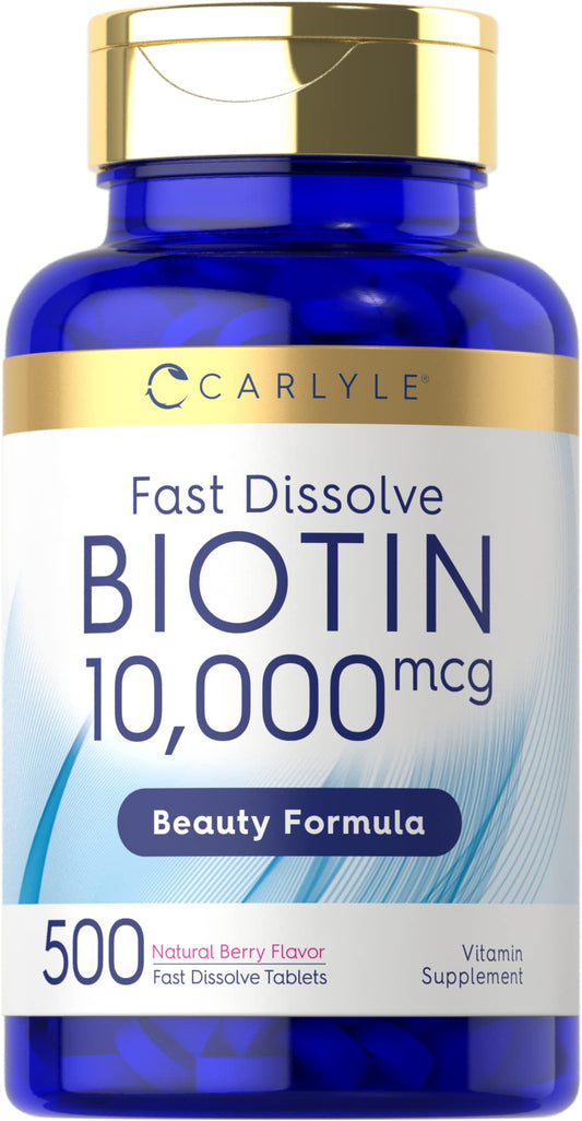 Carlyle Biotin 10,000mcg | 500 Fast Dissolve Tablets | for Hair, Skin, and Nails | Maximum Strength | Vegetarian, Non-GMO, Gluten Free Supplement